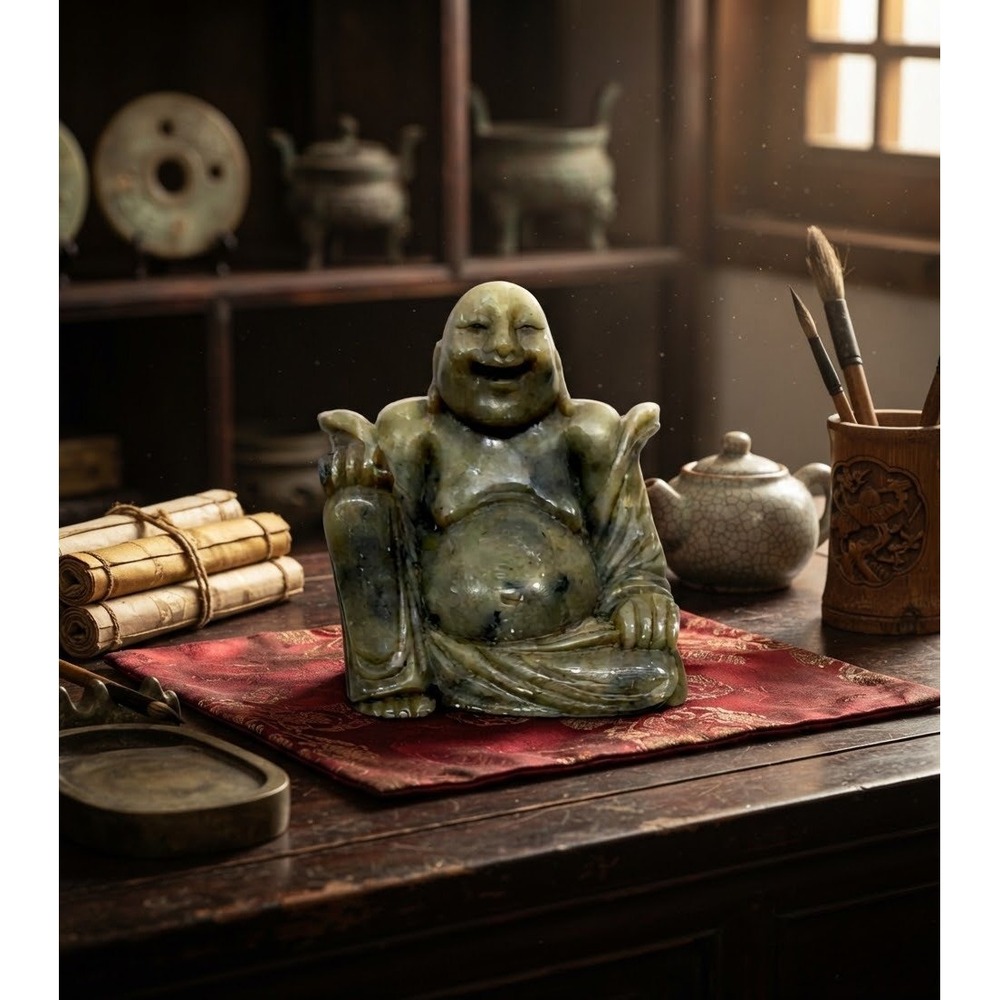 Vintage Hand Carved Soapstone Laughing Buddha Hotei Figurine Green Grey 2"
